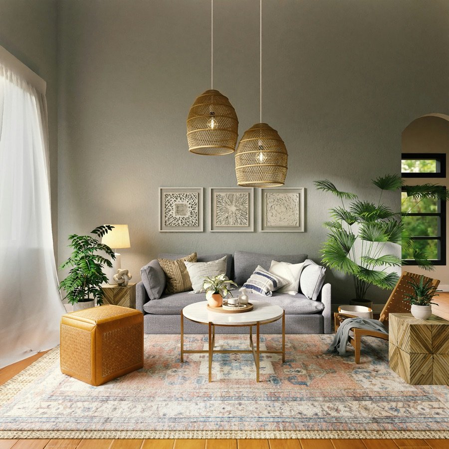 Living room with woven pendant lights and a layered rug