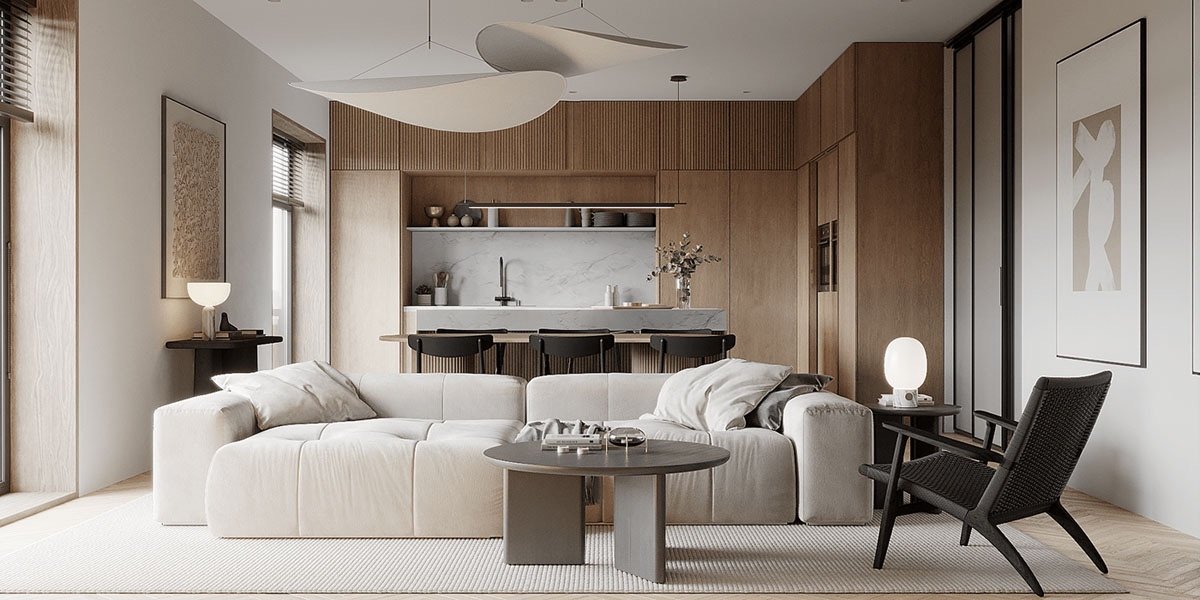Open-plan living and kitchen in fluted oak and marble