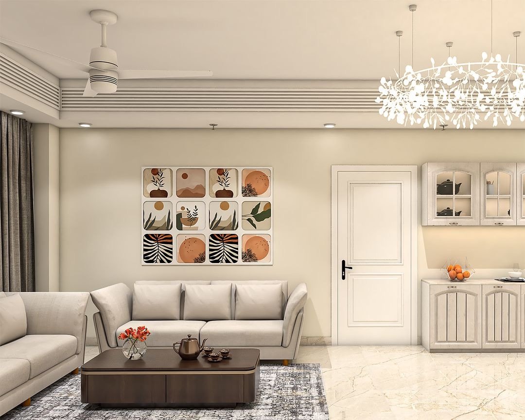 Family living room with a framed gallery wall and open kitchen