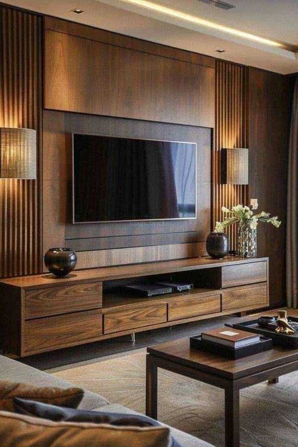 Wood-panelled television wall with concealed lighting
