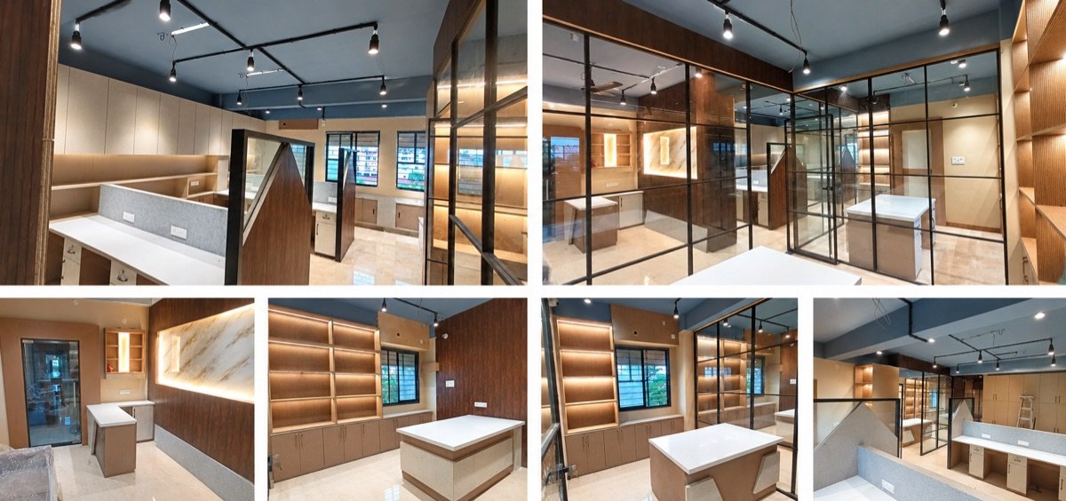 Office and showroom — Workspace, display shelving and glass partitions