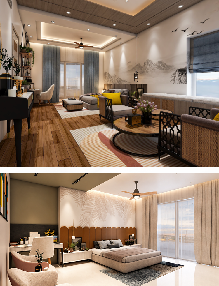 Two bedroom interiors: a wood-floored suite with its own seating area, and a bedroom with a panelled headboard and study desk